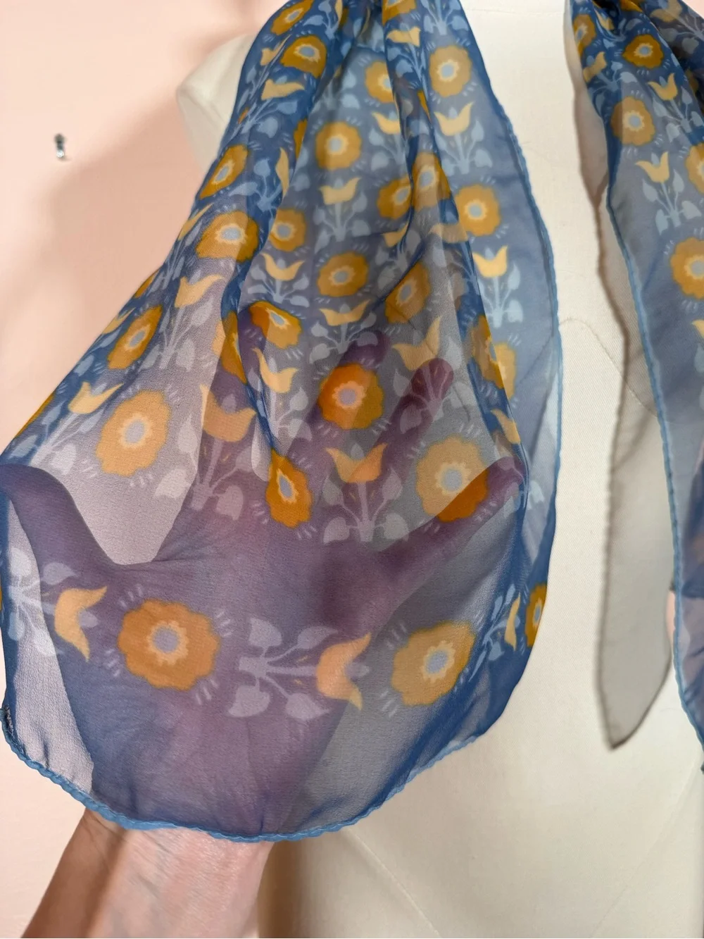 Vintage Cottagecore floral semi sheer blue tan long rectangular scarf